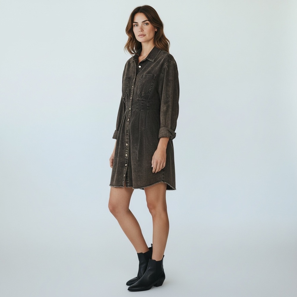 HYFVE Black Stone Wash Snap Front Cotton Denim Mini Dress Size Large